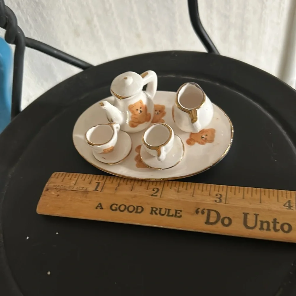 Vintage Porcelain Mini Teddy Bear Tea Set Dollhouse Miniatures